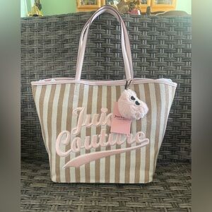Juicy Couture Pink & Tan Striped Logo Tote with Fuzzy Charm